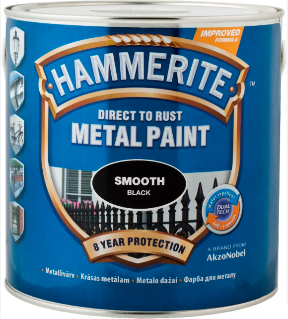 Hammerite - Smooth, gluda virsma.(Melna, Balta, Sudraba, Zelta, Zaļa, Sarkana, Tumši brūna)
